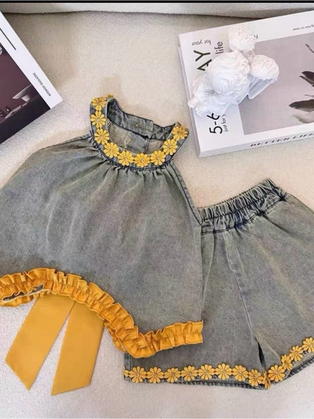 Girls' Gray Denim Shorts Set with Yellow Floral Trim